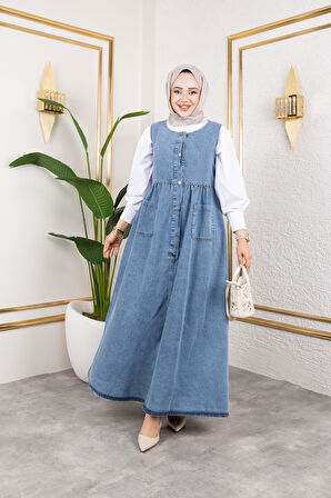 Kadın Düğmeli Bel Büzgülü Mavi Kot Jile