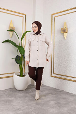 Kadın Cep Detaylı Kapitone Kumaş Çıtçıtlı Vizyon Tunik