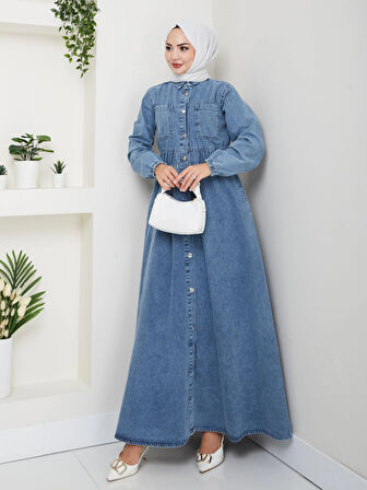 Kadın Belden Lastikli Cep Detaylı Kot Mavi Elbise