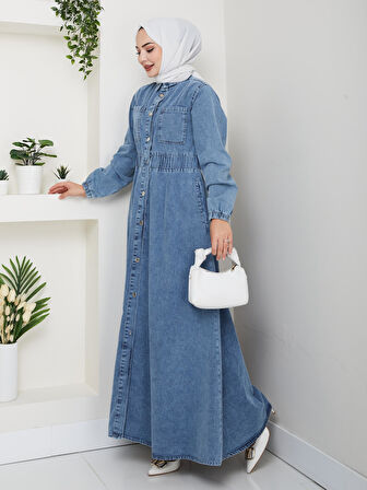 Kadın Belden Lastikli Cep Detaylı Kot Mavi Elbise