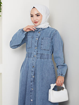 Kadın Belden Lastikli Cep Detaylı Kot Mavi Elbise