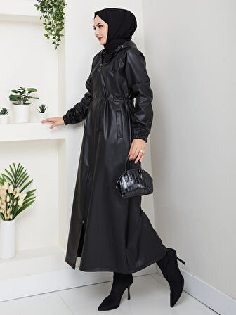 Kadın Fermuarlı Kapüşonlu Şardonlu Siyah Deri Kap