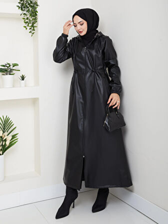 Kadın Fermuarlı Kapüşonlu Şardonlu Siyah Deri Kap