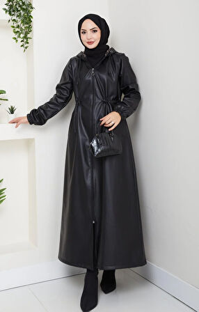 Kadın Fermuarlı Kapüşonlu Şardonlu Siyah Deri Kap