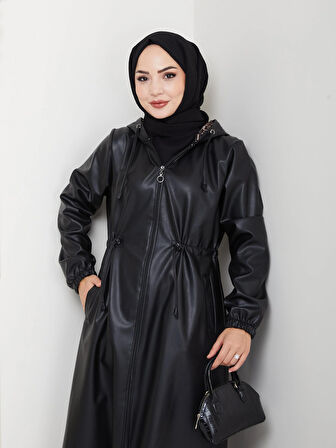 Kadın Fermuarlı Kapüşonlu Şardonlu Siyah Deri Kap