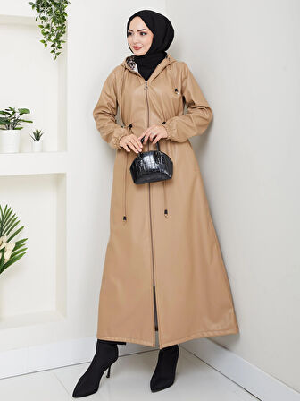 Kadın Fermuarlı Kapüşonlu Şardonlu Vizon Deri Kap