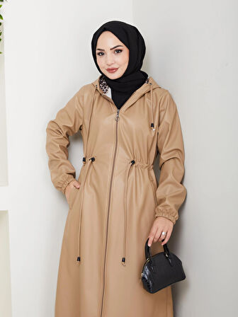 Kadın Fermuarlı Kapüşonlu Şardonlu Vizon Deri Kap