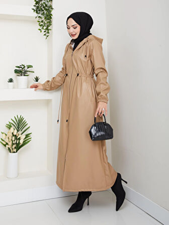 Kadın Fermuarlı Kapüşonlu Şardonlu Vizon Deri Kap