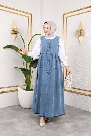 Kadın Düğmeli Bel Büzgülü Mavi Kot Jile