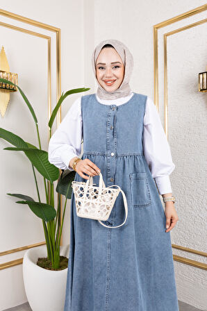 Kadın Düğmeli Bel Büzgülü Mavi Kot Jile