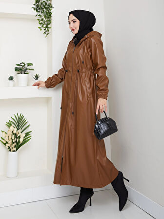 Kadın Fermuarlı Kapüşonlu Şardonlu Taba Deri Kap