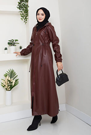 Kadın Fermuarlı Kapüşonlu Şardonlu Bordo Deri Kap