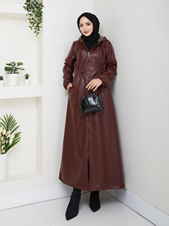 Kadın Fermuarlı Kapüşonlu Şardonlu Bordo Deri Kap