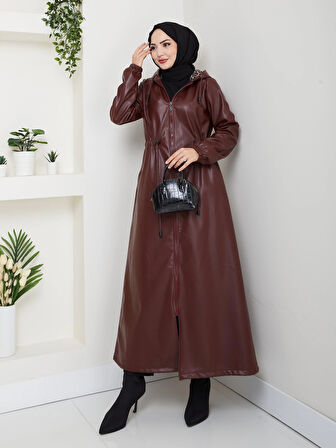 Kadın Fermuarlı Kapüşonlu Şardonlu Bordo Deri Kap
