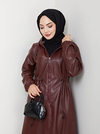 Kadın Fermuarlı Kapüşonlu Şardonlu Bordo Deri Kap