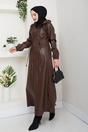 Kadın Fermuarlı Kapüşonlu Şardonlu Kahverengi Deri Kap