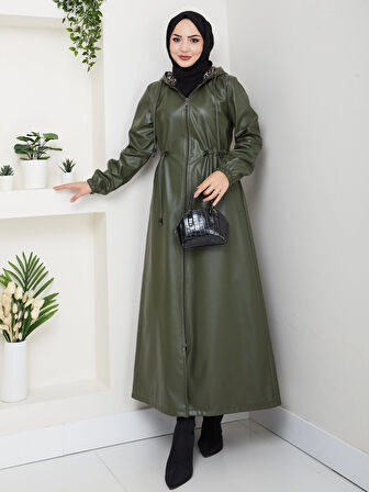 Kadın Fermuarlı Kapüşonlu Şardonlu Haki Deri Kap