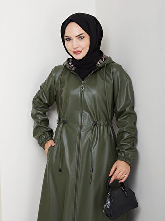 Kadın Fermuarlı Kapüşonlu Şardonlu Haki Deri Kap