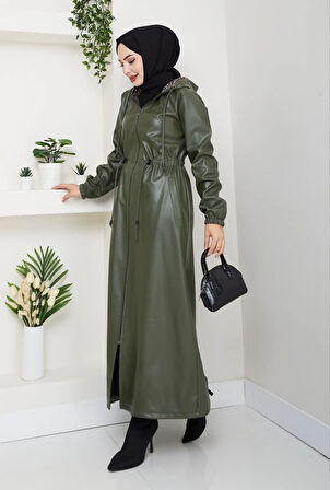 Kadın Fermuarlı Kapüşonlu Şardonlu Haki Deri Kap