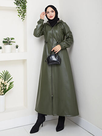 Kadın Fermuarlı Kapüşonlu Şardonlu Haki Deri Kap