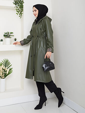 Kadın Kapüşonlu Fermuarlı Şardonlu Deri Haki Kap