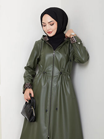 Kadın Kapüşonlu Fermuarlı Şardonlu Deri Haki Kap