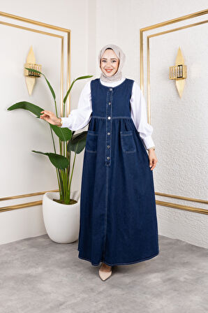 Kadın Düğmeli Bel Büzgülü Lacivert Kot Jile