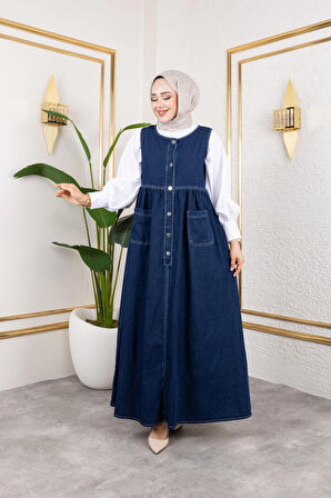 Kadın Düğmeli Bel Büzgülü Lacivert Kot Jile