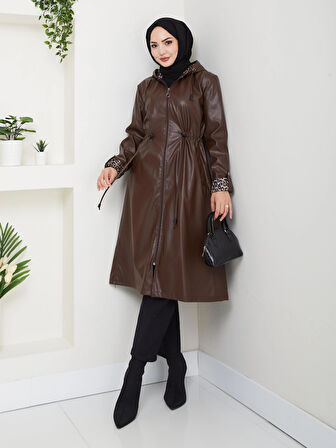 Kadın Kapüşonlu Fermuarlı Şardonlu Deri Kahverengi Kap