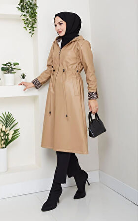 Kadın Kapüşonlu Fermuarlı Şardonlu Deri Vizon Kap