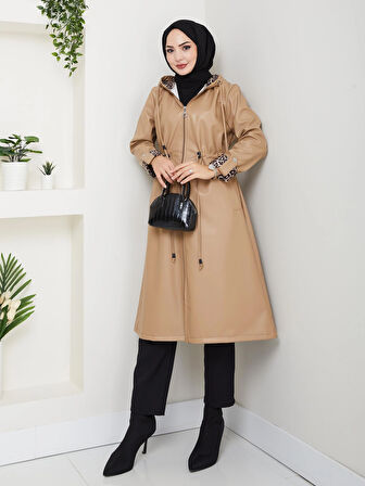 Kadın Kapüşonlu Fermuarlı Şardonlu Deri Vizon Kap