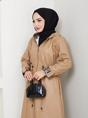 Kadın Kapüşonlu Fermuarlı Şardonlu Deri Vizon Kap