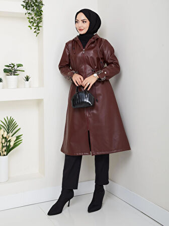 Kadın Kapüşonlu Fermuarlı Şardonlu Deri Bordo Kap