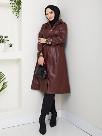 Kadın Kapüşonlu Fermuarlı Şardonlu Deri Bordo Kap