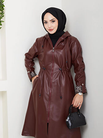 Kadın Kapüşonlu Fermuarlı Şardonlu Deri Bordo Kap