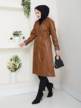 Kadın Kapüşonlu Fermuarlı Şardonlu Deri Taba Kap