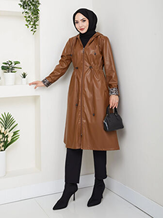 Kadın Kapüşonlu Fermuarlı Şardonlu Deri Taba Kap