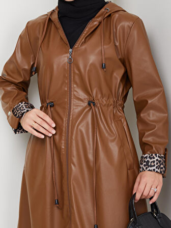 Kadın Kapüşonlu Fermuarlı Şardonlu Deri Taba Kap