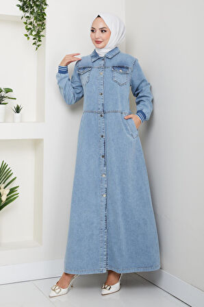 Kadın Cepli Düğmeli Ribana Detaylı Kot Mavi Uzun Kap