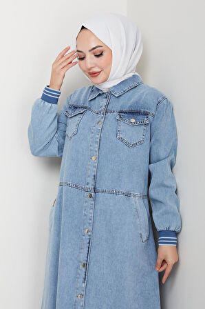 Kadın Cepli Düğmeli Ribana Detaylı Kot Mavi Uzun Kap