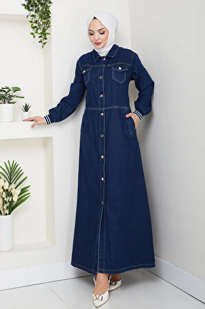 Kadın Cepli Düğmeli Ribana Detaylı Kot Lacivert Uzun Kap