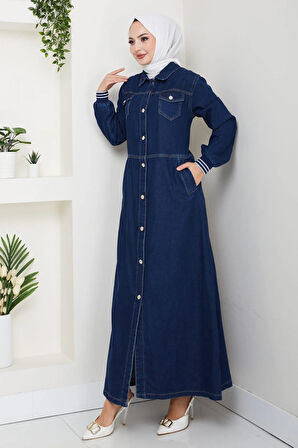 Kadın Cepli Düğmeli Ribana Detaylı Kot Lacivert Uzun Kap
