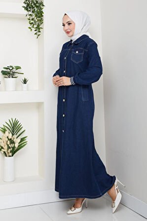 Kadın Cepli Düğmeli Ribana Detaylı Kot Lacivert Uzun Kap