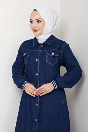 Kadın Cepli Düğmeli Ribana Detaylı Kot Lacivert Uzun Kap