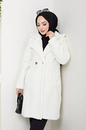 Kadın Kürk Kumaş Astarlı Düğmeli Beyaz Kaban