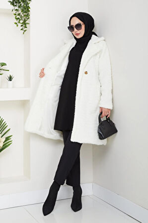 Kadın Kürk Kumaş Astarlı Düğmeli Beyaz Kaban