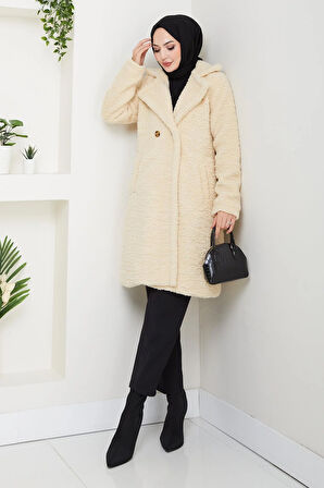 Kadın Kürk Kumaş Astarlı Düğmeli Bej Kaban