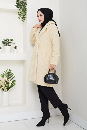Kadın Kürk Kumaş Astarlı Düğmeli Bej Kaban
