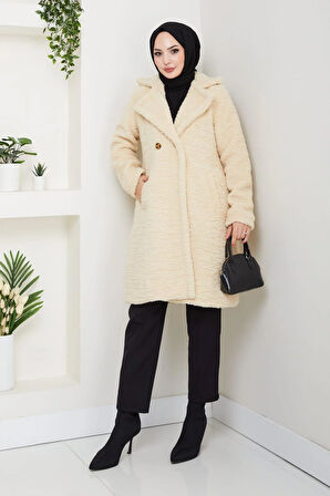 Kadın Kürk Kumaş Astarlı Düğmeli Bej Kaban