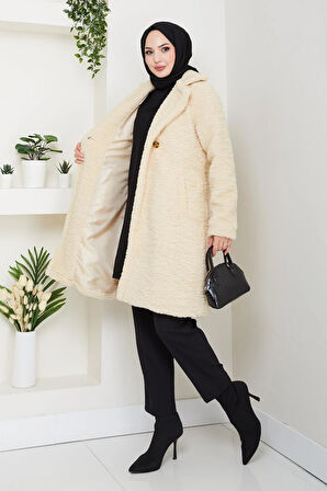 Kadın Kürk Kumaş Astarlı Düğmeli Bej Kaban